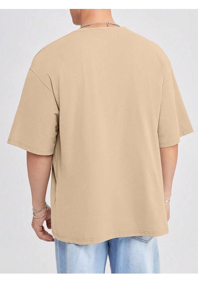 Basic Süprem T-shirt - Bej Oversize Bisiklet Yaka Tişört Bej-78258