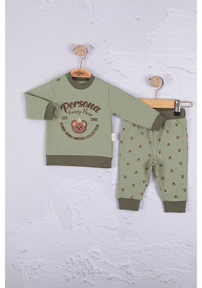 Babydonat Persona Bear Nakışlı Pamuk 2'li Erkek Bebek Takım Yeşil