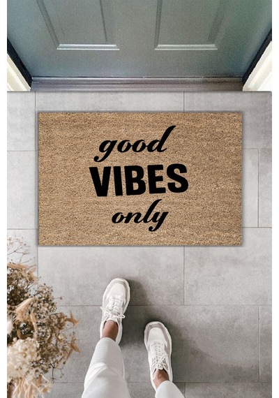 Rugmood Modern Dijital Baskı - Good Vıbes Only - Kapı Önü Paspası Kahverengi