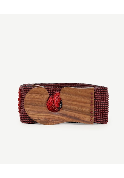 Yargıcı Ahşap Tokalı Ve Çiçek Detaylı Boncuk İşleme Kemer Bordo