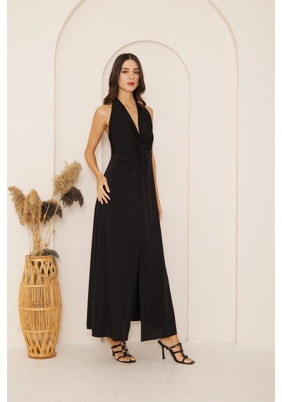 Darlin Moda Siyah Yırtmaçlı Önü Düğüm Detaylı Maxi Boy Elbise Dm1033
