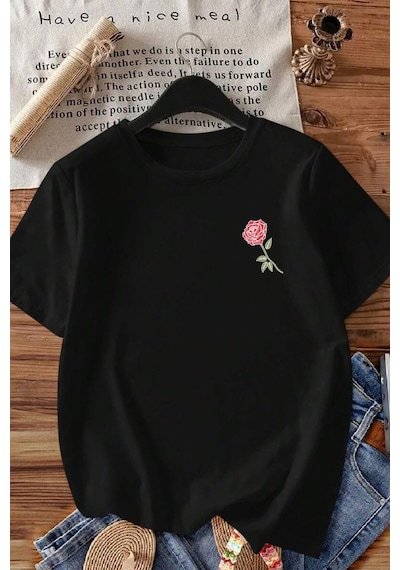 Spoyi Street Rose Tasarımlı %100 Pamuk Yarım Oversize Siyah T-shirt