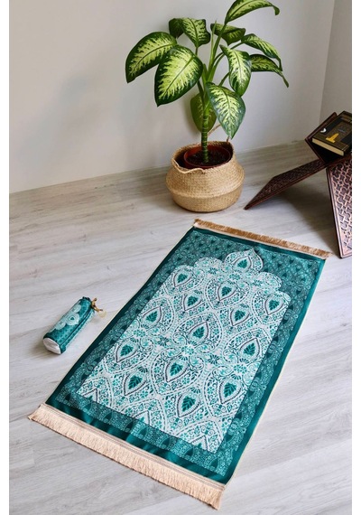 Rumi Desenli İpek Dokulu Keseli Seccade S1030 Yeşil Renk Mavi
