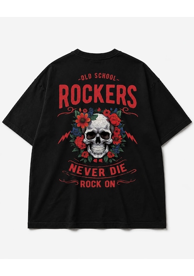 Montree Rockers Baskılı Oversize %100 Pamuk Premium Tişört Siyah