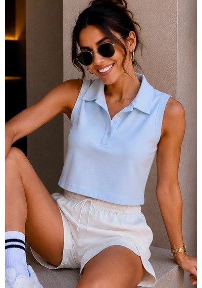 Bbbutikbasic Polo Yaka Kolsuz Crop Bluz My3535 Mavi