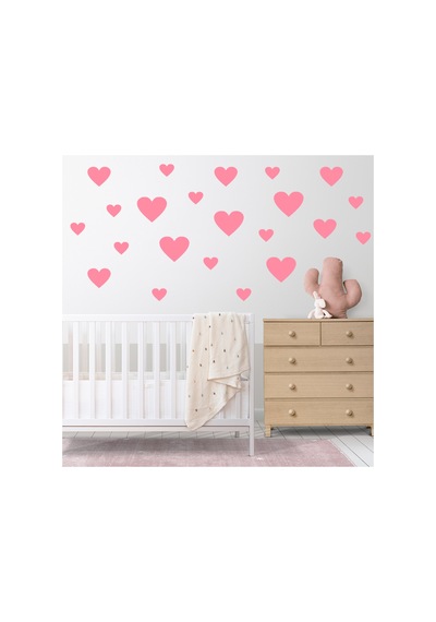 Çeşitli Ebatlarda Kalp Şeklinde Duvar Sticker Seti - 97 Adet Bebe Pembe