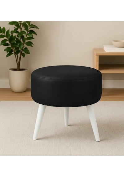 Waterybrook Suni Deri Puf - Ahşap Beyaz Ayaklı - Retro Modern Tasarım - Oturma Ve Dekoratif Sehpa Siyah