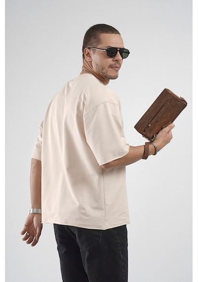 Oversize Kalıp Likralı Basic Tişört Bej