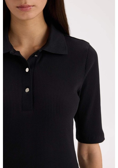 Defacto Bodycon Vücudu Saran Polo Yaka Fitilli Kaşkorse Kısa Kollu Midi Elbise D8296ax25spbk81 Siyah