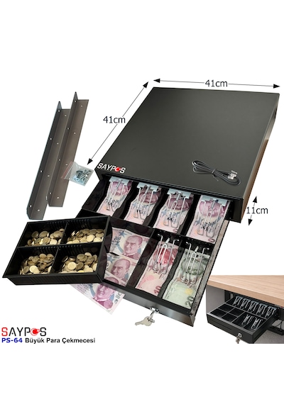 6 Banknot Gözlü Masa Altı Montaj Askılı, Pos Bağlantılı, Anahtardan Açılır Para Çekmecesi 41x41x11cm