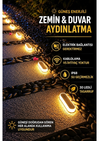 1 Adet Solar Güneş Enerjili Premium Kalite, 30 Led'li Dekoratif Zemin, Bahçe Ve Peyzaj Aydınlatma Ip68 Su Geçirmez, Sarı Işık