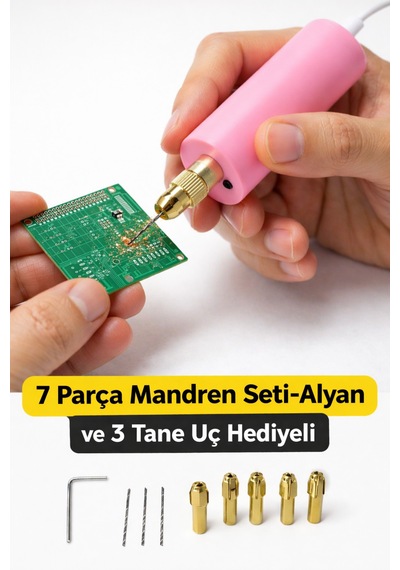 Usb Mini Drill Matkap Seti 7 Parça Mandren Seti+ 3 Adet Mikro Matkap Ucu Hassas Delme & Dıy-mını-usb-08-pembe