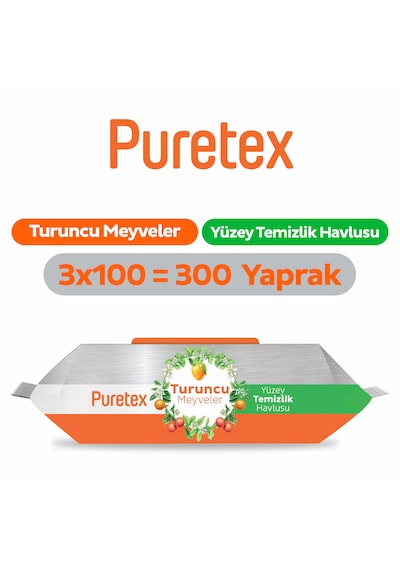 Puretex Yüzey Temizlik Havlusu Turuncu Meyveler 3x100 300 Yaprak Beyaz