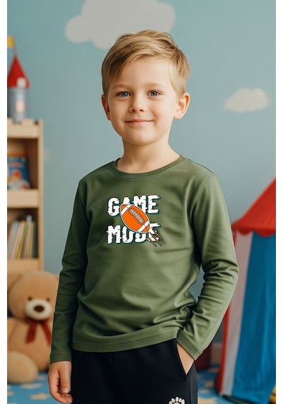 Fyk Kids Sıfır Yaka Game Mode Baskılı Erkek Çocuk Sweatshirt Haki Yeşil