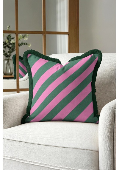 Çizgili Geometrik Saçaklı Yastık Kılıfı - Retro Şeker Tema Pembe Yeşil Siyah Püsküllü Kırlent Kılıfı Yalın Düş Serenat
