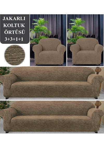 Upmall Jakarlı Koltuk Kanepe Kılıfı Çekyat Örtüsü 3+3+1+1 Kahve