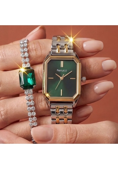 Bileklik Hediyeli Altın/metalik Yeşil Kadran Kadın Kol Saati 29 Mm Dikdörtgen Kasa 2 Yıl Garantili Rose Gold - Gümüş