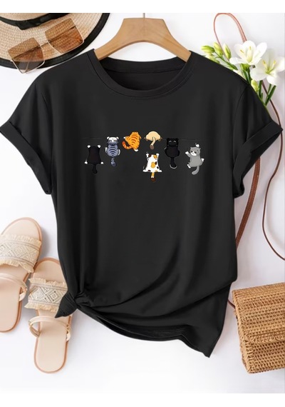 Uyguntarz Unisex Yaramaz Kediler Baskılı Tasarım Tshirt Siyah