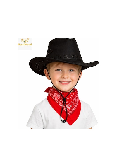 Nessiworld Çocuk Kovboy Şapka Siyah &amp Kırmızı Bandana Seti Çok Renkli