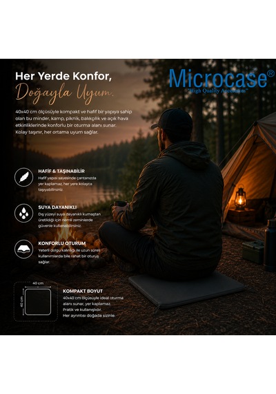 Microcase İple Sabitlemeli Katlanabilir Kamp Sandalyesi Minderi Piknik Outdoor Balıkçılık 40x40 Cm Al5564 Siyah