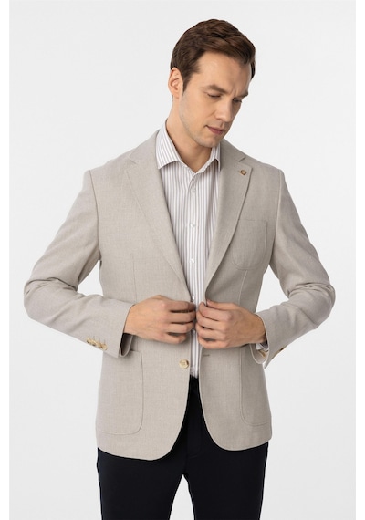 Süvari Bej Slim Fit Armürlü Mono Yaka 6 Drop Ceket