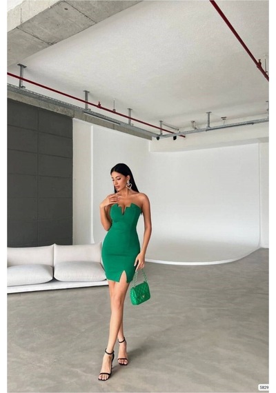 Lior Design Kadın Bohem Straplez Yırtmaçlı Mini Abiye Elbise Zümrüt