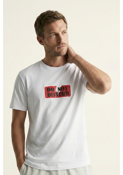 Elemge %100 Pamuk Pijama Üstü T-shirt Süprem Compact Penye Erkek Rahat Kalıp Beyaz Kısa Kol Do Not Disturb