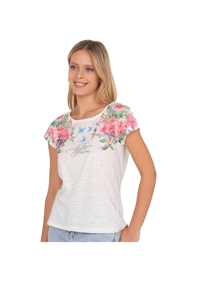 Kadın Floral Desenli Yazı Detaylı Bluz Ekru 25792 Ekru