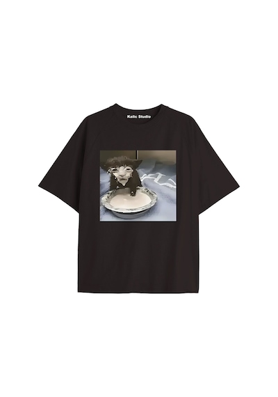 Kalic Studio Süt Yüz Komik Kedi Oversize T-shirt Siyah