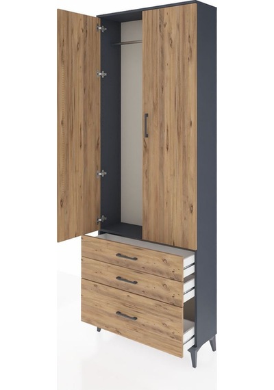 Arges Dolap Tek Raflı 3 Çekmeceli Tek Askılı 88x30x243 Antrasit-çam Antrasit