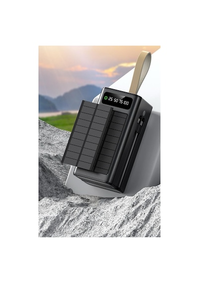Solar 50.000 Mah Güneş Enerjili Led Işıklı Powerbank Şarj Aleti 2x Usb Çıkışlı Mikro Type-c Siyah