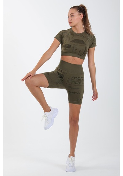 Maraton Active Slimfit Kadın Bisiklet Yaka Kısa Kol Koşu Haki Crop Top 811037 Haki