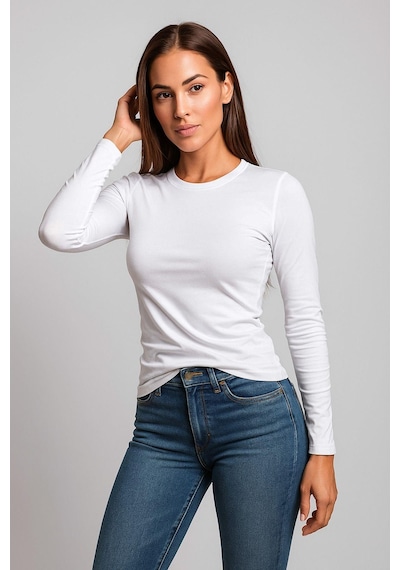 Kadın Beyaz Bisiklet Yaka Slim Fit Basic Tişört - Uzun Kollu Pamuklu T-shirt Bluz Çok Renkli