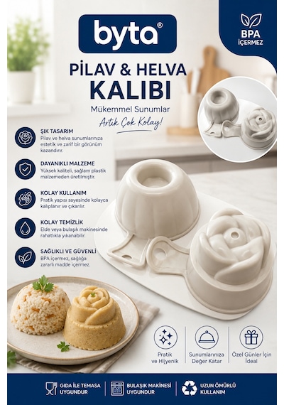 2'li Pilav Ve Helva Kalıbı Seti Gül Desenli & Klasik Yuvarlak Sunum Kalıbı Plastik Servis Ve Sunum Aparatı Diğer