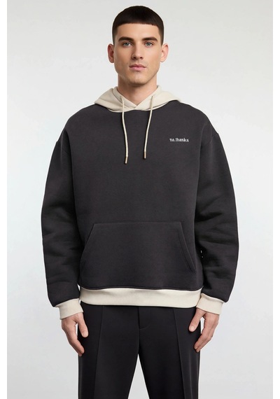 Benerly Erkek Kapüşonlu Düşük Kol Uzun Kol Nakışlı Sweatshirt Fonksiyonel Antrasit