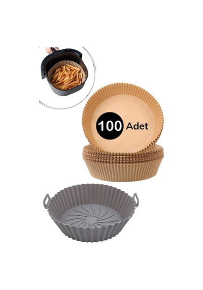 Silikon Airfryer Gri Pişirme Matı 20 Cm Ve 100 Adet Pişirme Kağıdı Plastik Beyaz Diğer