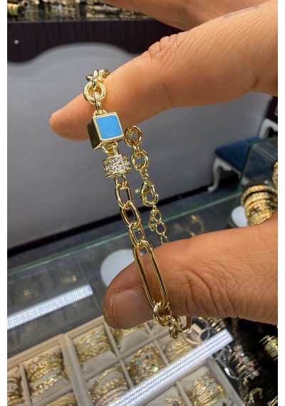 Mavi Mineli Küp Bileklik Altın