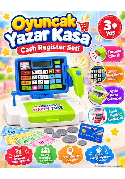 Oyuncak Barkod Okuyucu Yazar Kasa Hesap Makineli Cash Register Süpermarket Kasiyer Oyunu Alışveriş Seti Mavi