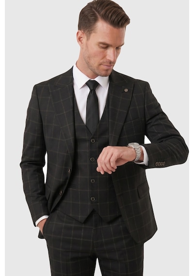 Rizzup Erkek Siyah Slim Fit 3 Lü Takım Elbise Kareli Ekose Desenli Yelekli Şık Takım 2600517