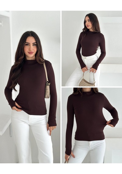 Kadın Yarım Balıkçı Yaka Parmak Geçmeli Full Likralı Buzz Body Kahverengi