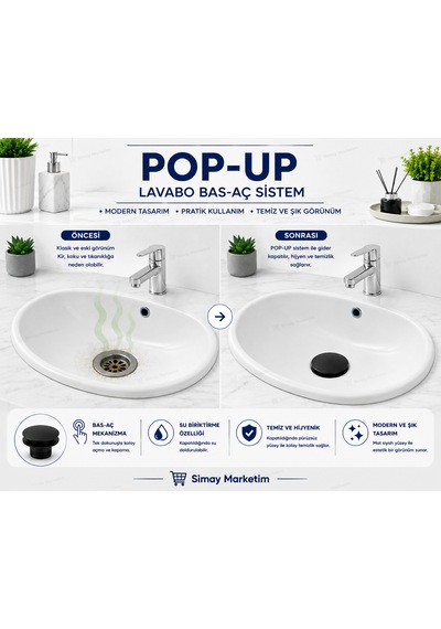 Seramik Kaplama Lavabo Gider Süzgeci Bas Aç Pop-up Sistem Taşma Yüzüklü Dayanıklı Tasarım Siyah