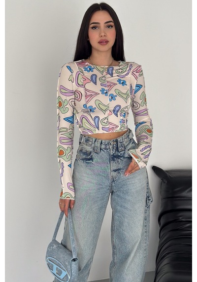 Femelle Kadın Desenli Crop Bluz Krem