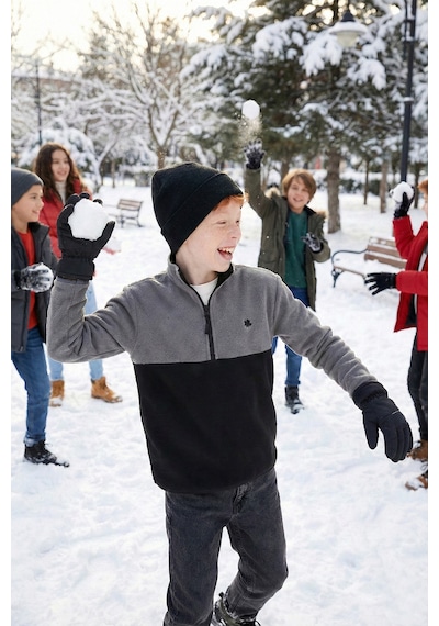 Lela Yumuşak Dokulu Yarım Fermuarlı Renk Bloklu Dik Yaka Unisex Çocuk Polar 5905004 Gri-Siyah