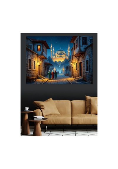 Gece Işıklarıyla Aydınlanmış Eski Sokak Yağlı Boya Dokulu Kanvas Tablo Canvas Tablosu