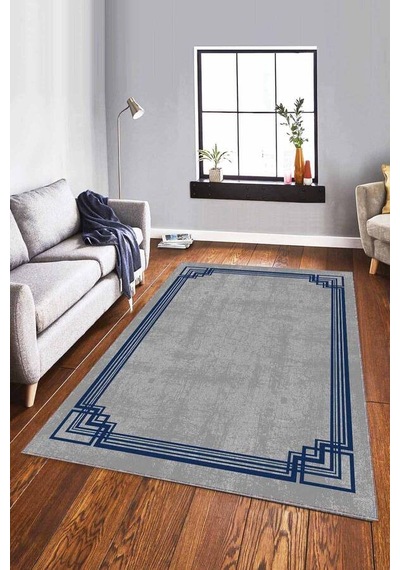Lacivert Çerçeveli Kaymaz Tabanlı Dekoratif Halı Rv074n11