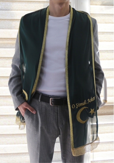 Yeşil Şifon Nakış İşlemeli Kına - Damat - Asker Omuz Şalı Atkısı Örtüsü Gold Ayyıldız Nakış İşleme