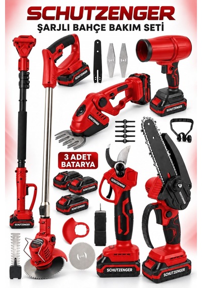 6 Lı Set 3 Akülü Dal Budama Makası-testere-üfleme-çit Budama-çim Biçme-teleskop Kol Kırmızı Bahçe Bakımı