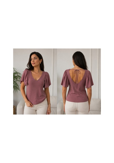 Gül&can Butik Kadın Gül Kurusu V Yaka Fitilli Triko Bluz Volanlı Kısa Kol Şık Günlük Üst Pembe Gül&can Butik Kadın Gül Kurusu V Yaka Fitilli Triko Bluz Volanlı Kısa Kol Şık Günlük Üst Pembe