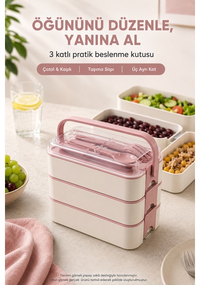 Pembe 3 Katlı Beslenme Kutusu Çatal Kaşık Dahil Kilitli Kapaklı Taşıma Saplı Yemek Saklama Kabı Seti