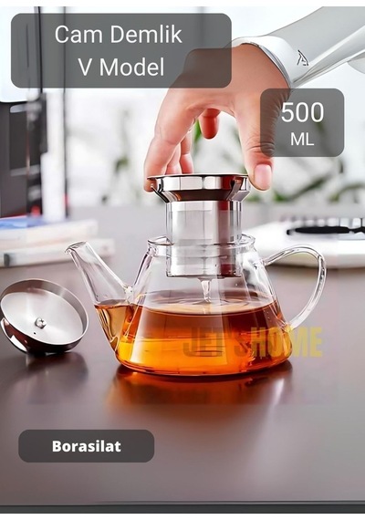 Cam Demlik V Model Bitki Çayı Demliği Çelik Süzgeçli Isıya Dayanıklı Borosilikat 500 Ml Şeffaf
